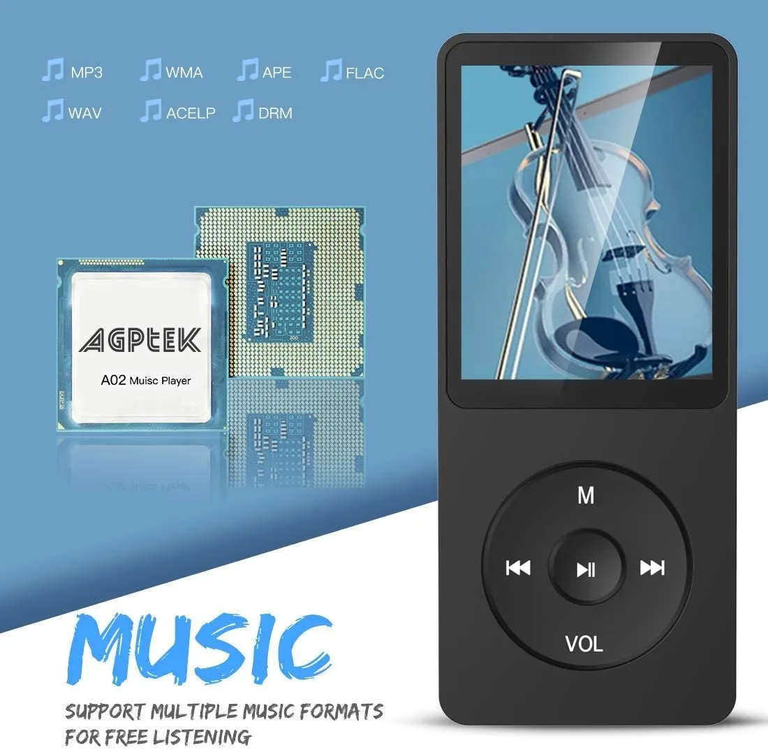 AGPTEK 8GB MP3 Player, A02 70 Hours Playback Lossless Sound Music Player (Supports up to 128GB), Black