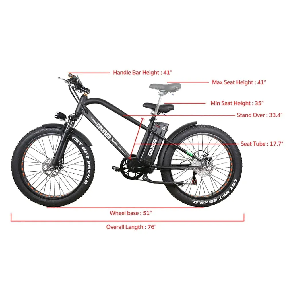 Nakto Super Cruiser 26" Fat Tire 500W 48V Electric Bike Black