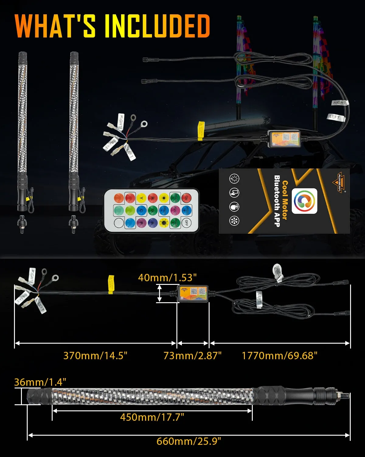 New LED RGB Whip Lights with Turn Signal & Brake Light, Bluetooth APP/ Remote Control